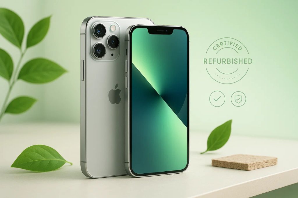 Refurbished iPhone on bamboo charging stand with coffee cup and plants on wooden desk, symbolising sustainable and eco-friendly lifestyle.