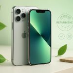 Refurbished iPhone on bamboo charging stand with coffee cup and plants on wooden desk, symbolising sustainable and eco-friendly lifestyle.